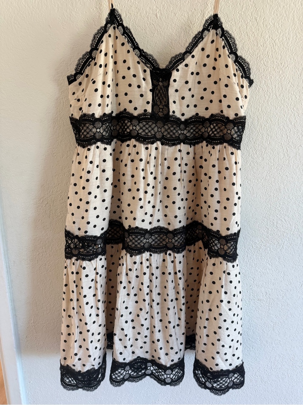Express Cream and Black Polka Dot Lace-Trim Mini Dress